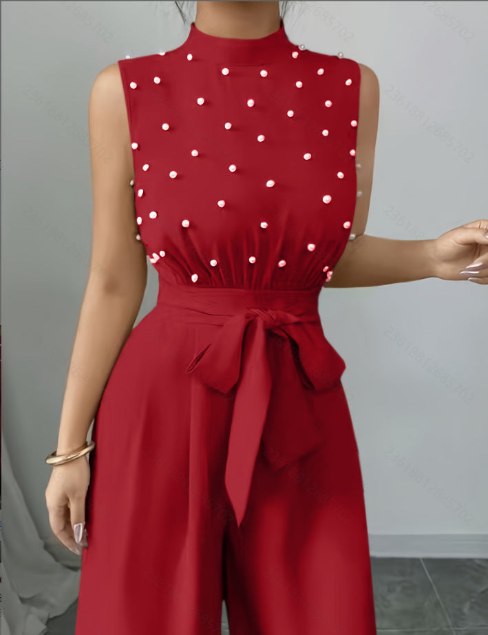 Black Polka Dot Sleeveless Wide-leg Jumpsuit With Round Neck