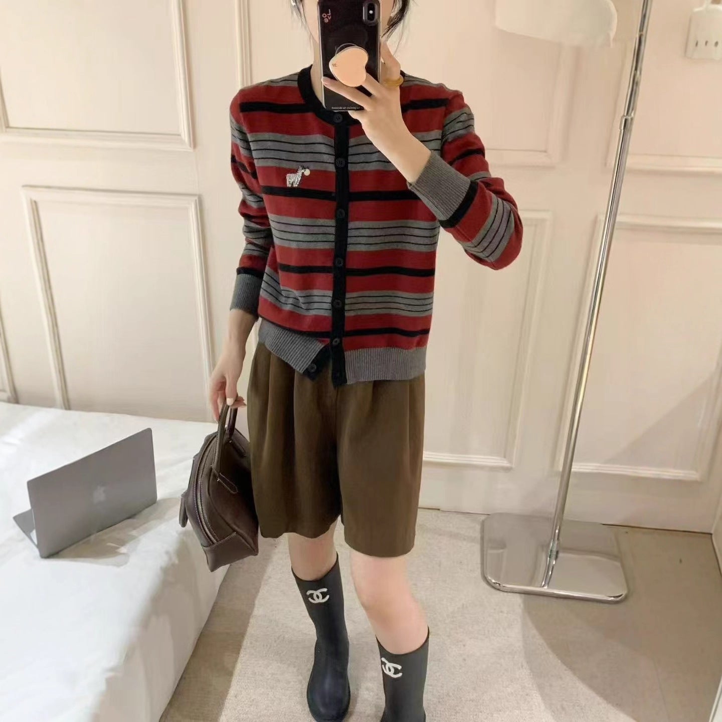 Blue Striped Embroidered Knitted Cardigan For Women