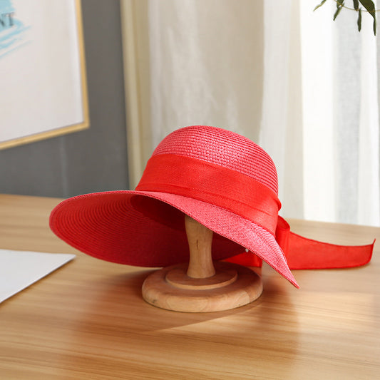 Women's Bow Big Brim Foldable Sun Straw Hat Sunscreen