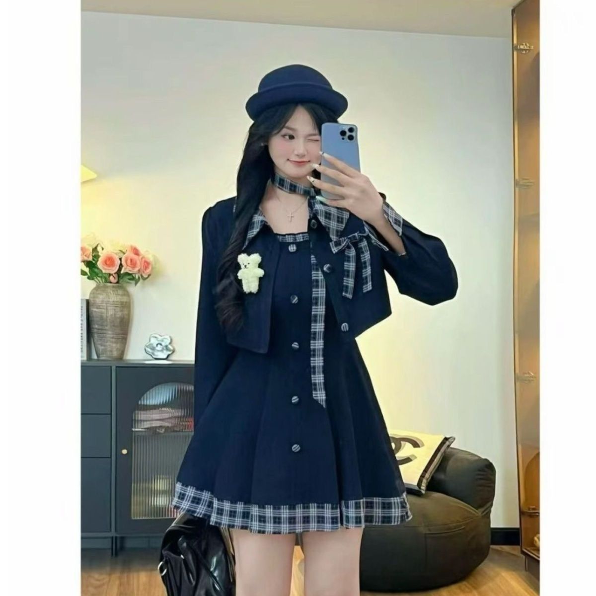 French Retro Womens AutumnWinter Plaid Blazer Dress Two-Piece Set