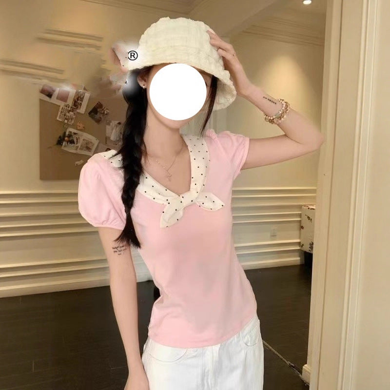 Korean Style Polka Dot Bow Slim Fit Slimming Short Sleeve
