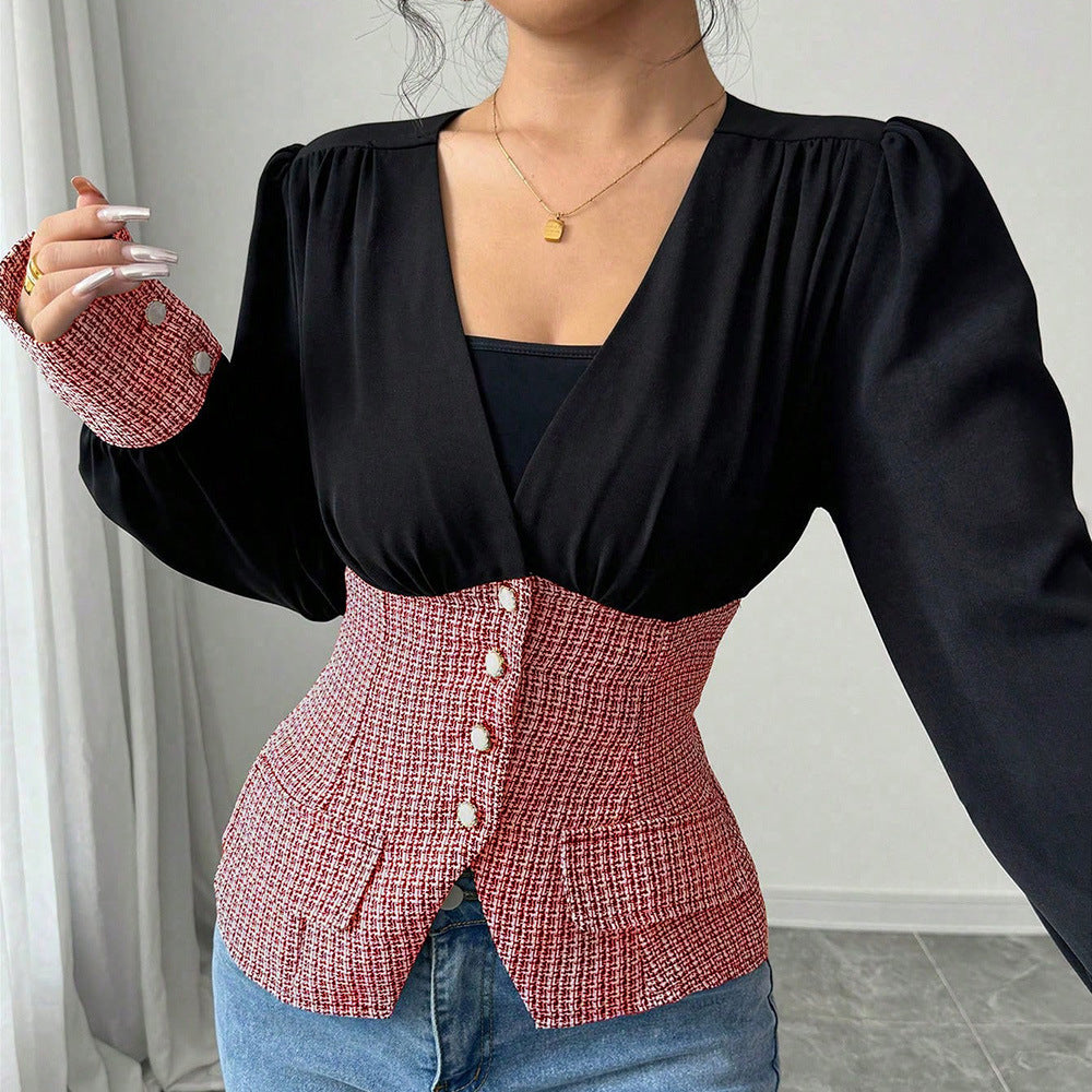 Knitted Tweed Halter V-neck Open-back Waist-cinching