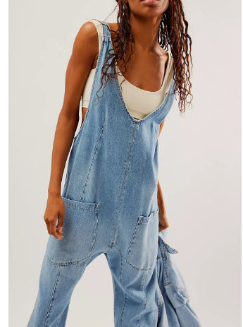 European And American Autumn And Winter Washed Denim V-neck One-piece Trousers Adjustable