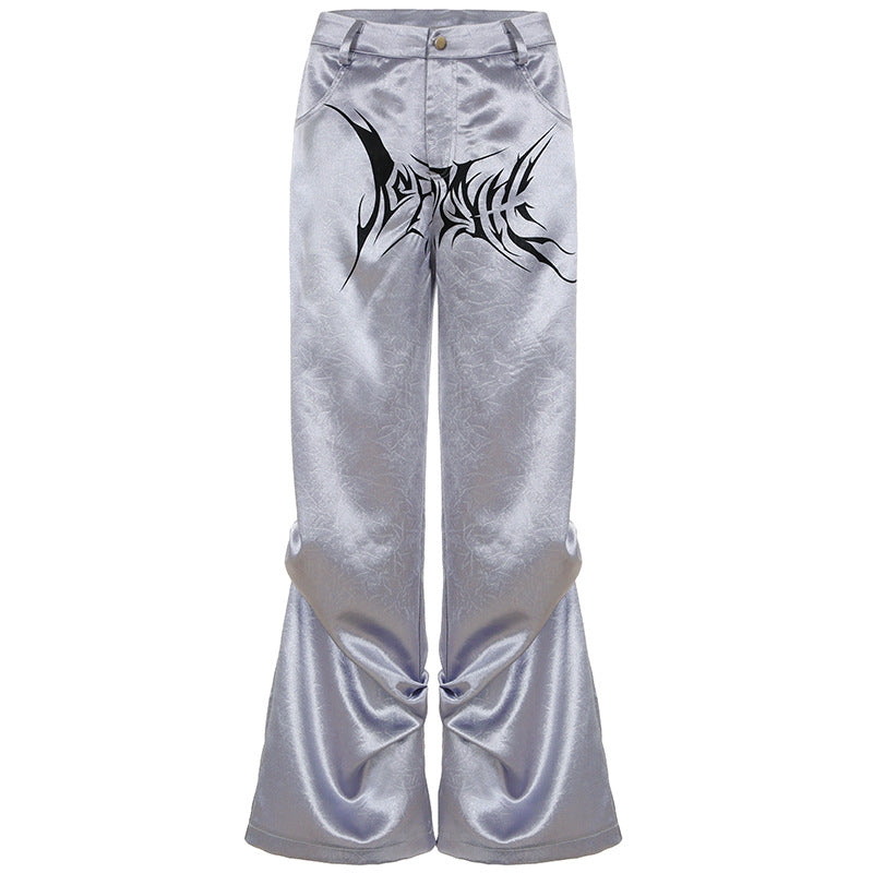 Satin Pleated Design-forward Printed High-waist Casual Pants