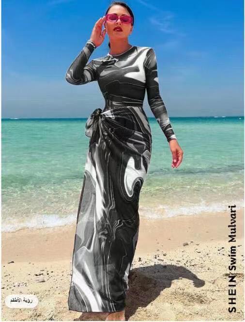 Womens Long-sleeve, Modest, Long-length Printed Vacation Beach Swimsuit
