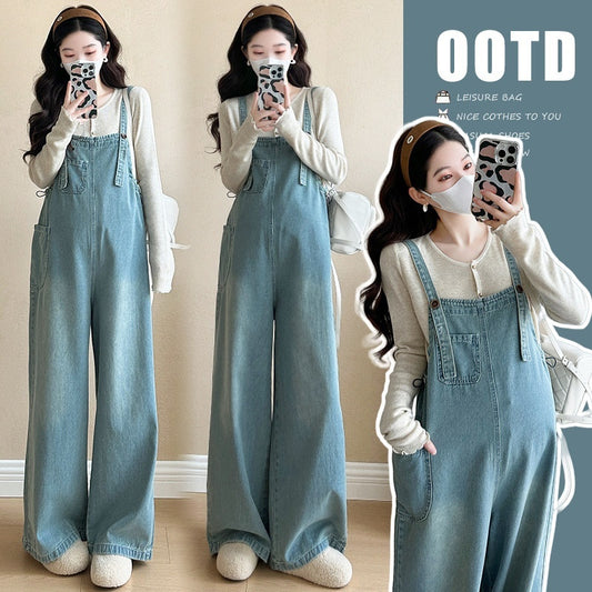 Simple New Long Sleeve Top Washed Denim Maternity Bib Pants
