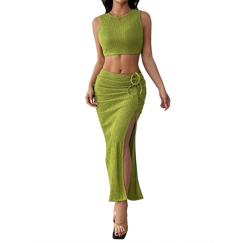 Womens Solid-Color Tank Top And Skirt Two-Piece Set