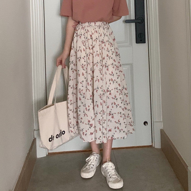 Floral New Fresh High Waist Slimming Korean-style Midi A- Line Skirt