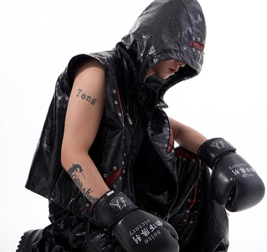 Dark Sleeveless Hooded Vest Coat