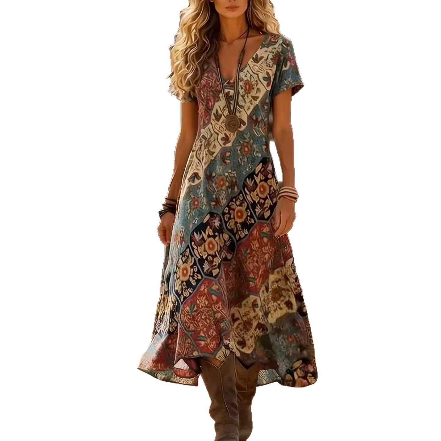 Floral Digital Print Art Short-Sleeve Elegant Dress
