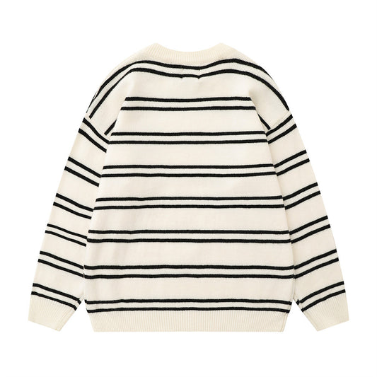 Striped Round Neck Knitted Sweater Men's Loose