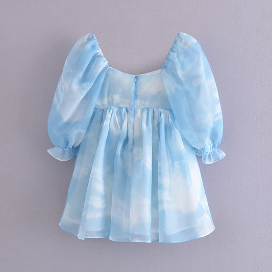 Fashion Smudged Blue Sky Cloud Puff Sleeve Dress Women