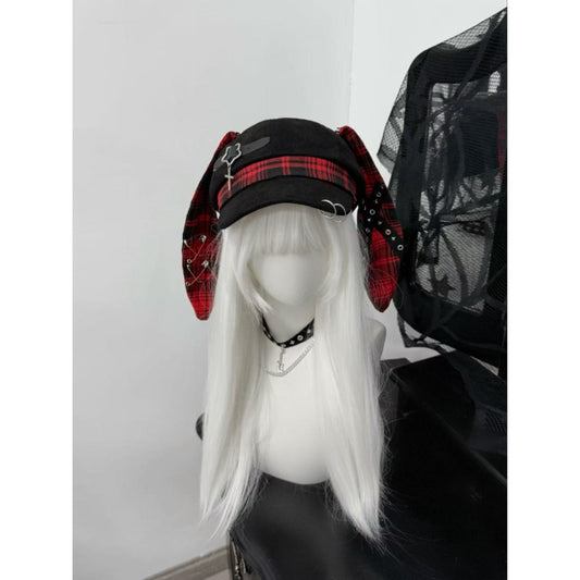 Original Punk Beret With A Subcultural Fashionable Checkered Rabbit-ear Design