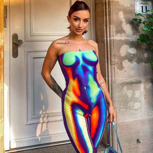 Womens Summer Strapless Off-Shoulder Multi-Color Printed Bodycon Hip-Lifting Jumpsuit With Pants