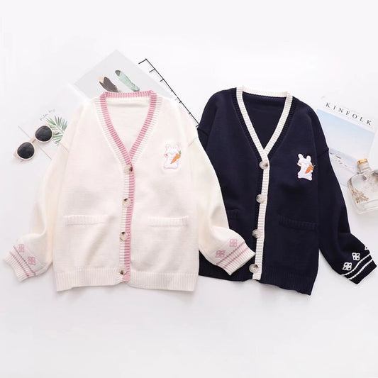 Japanese Style Mori Style Casual Loose Solid Color Rabbit Cardigan V-neck Sweater