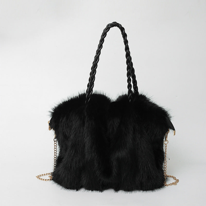 New Plush High-end Fashion Pleated Faux Fox Fur Shoulder Bag