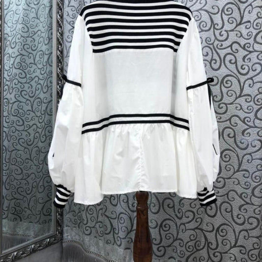 Striped Top Drawstring Long Sleeve Inner Wear Loose Shirt