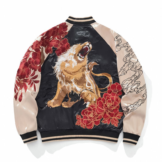 Heavyweight Nine Tailed Fox And Lion King Embroidered Baseball Jacket