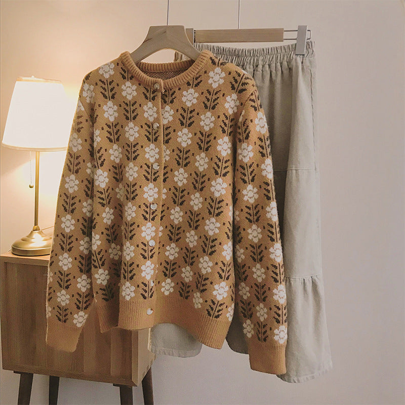 New Thickened Loose Retro Jacquard Sweater Cardigan