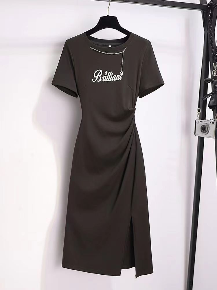 Cut-and-sew Irregularly Slit Casual Black Dress