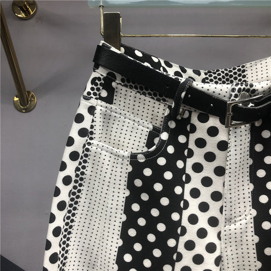 Women's Versatile Polka Dot Printed And Dyed Denim Trousers