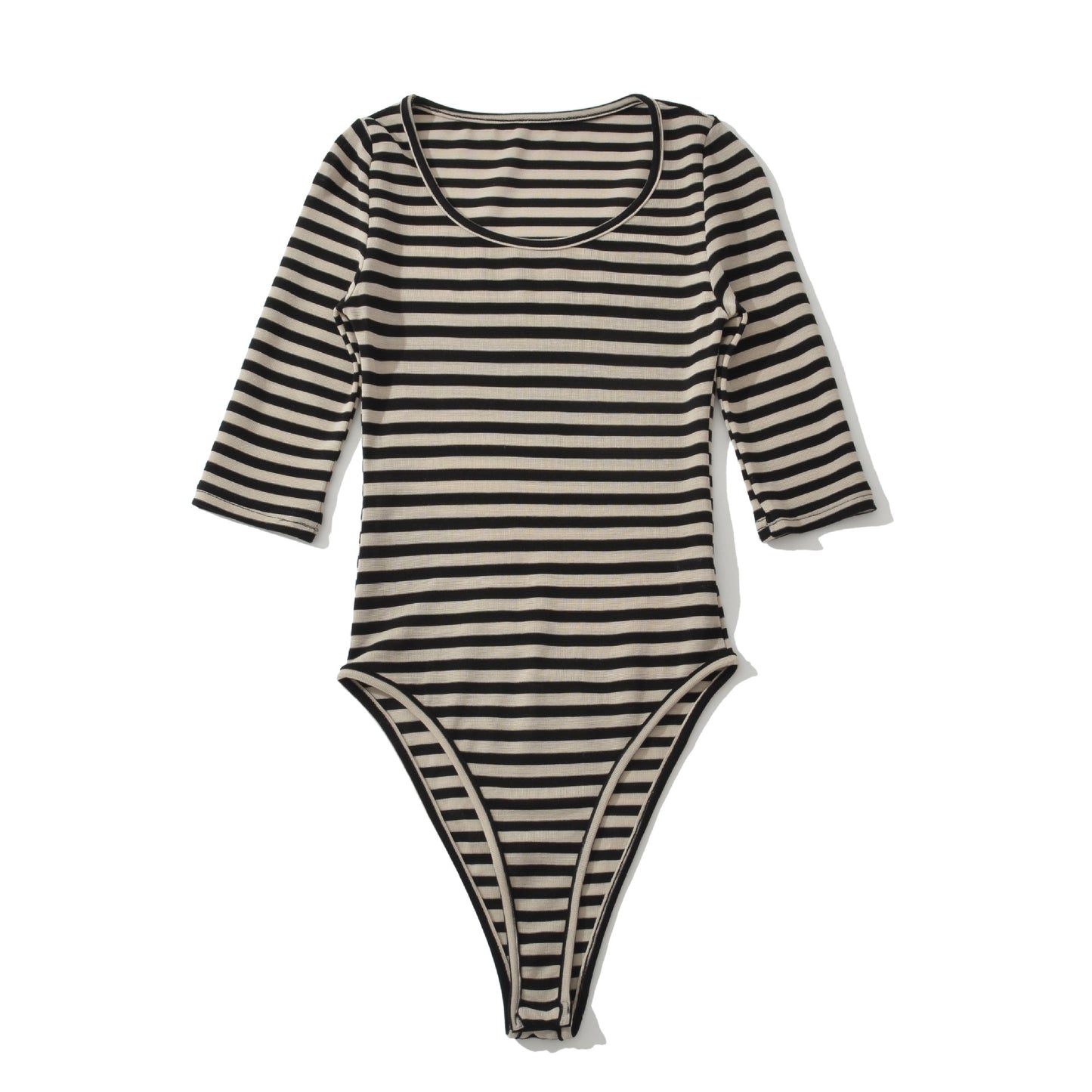 Form-fitting Long-sleeve Stretch Striped T-shirt Jumpsuit With A Deep U-neck