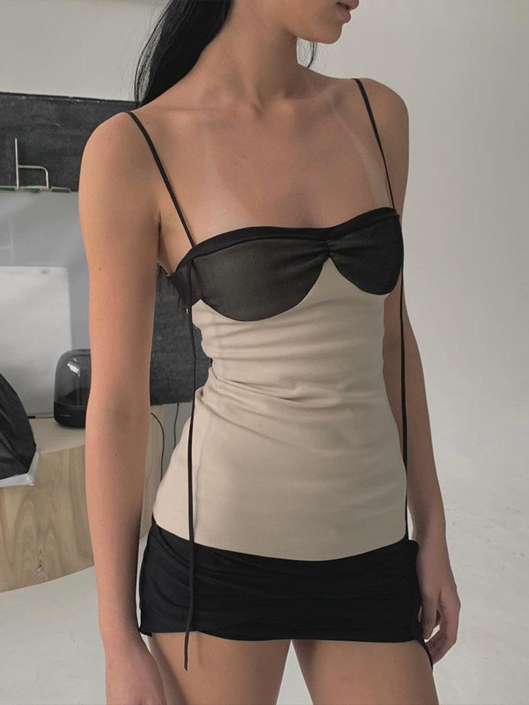 French Retro Color-Block Patchwork Camisole Skirt Slimming And Figure-Hugging