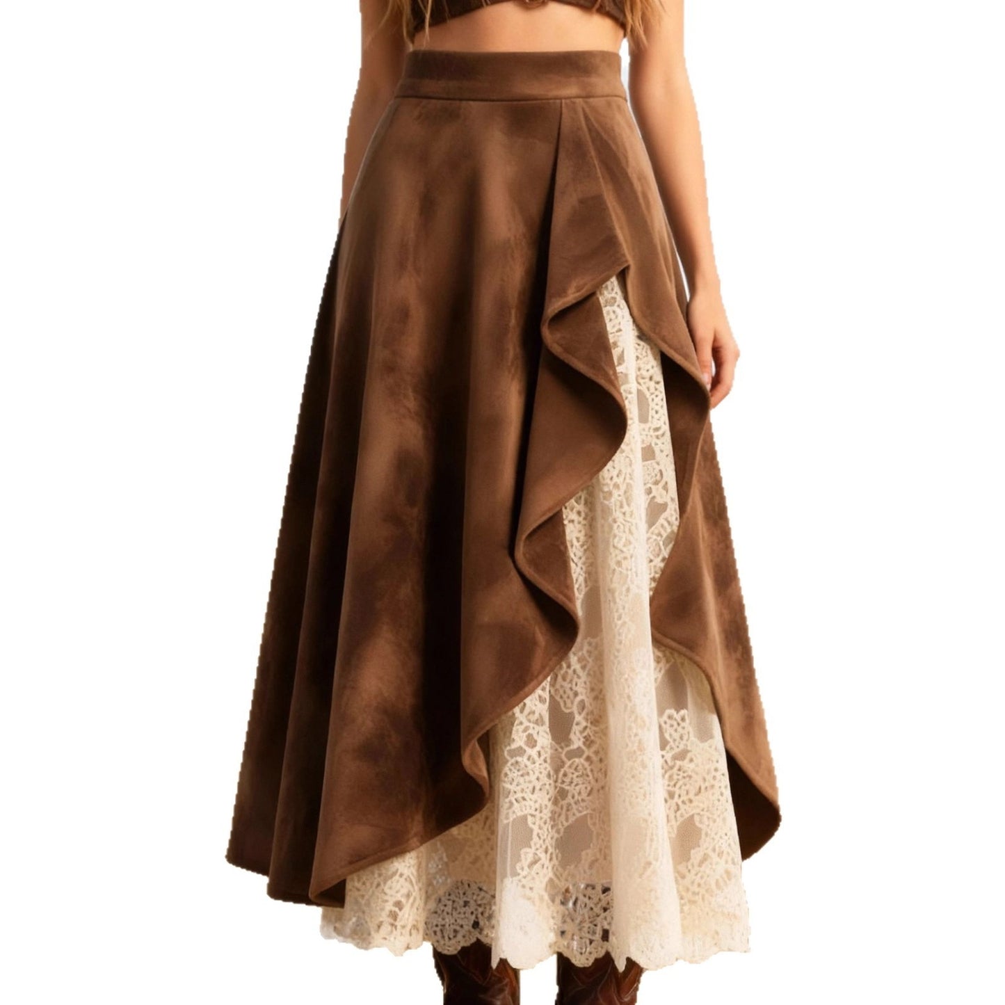 Womens Retro Western-Style Suede And Lace Patchwork Skirt