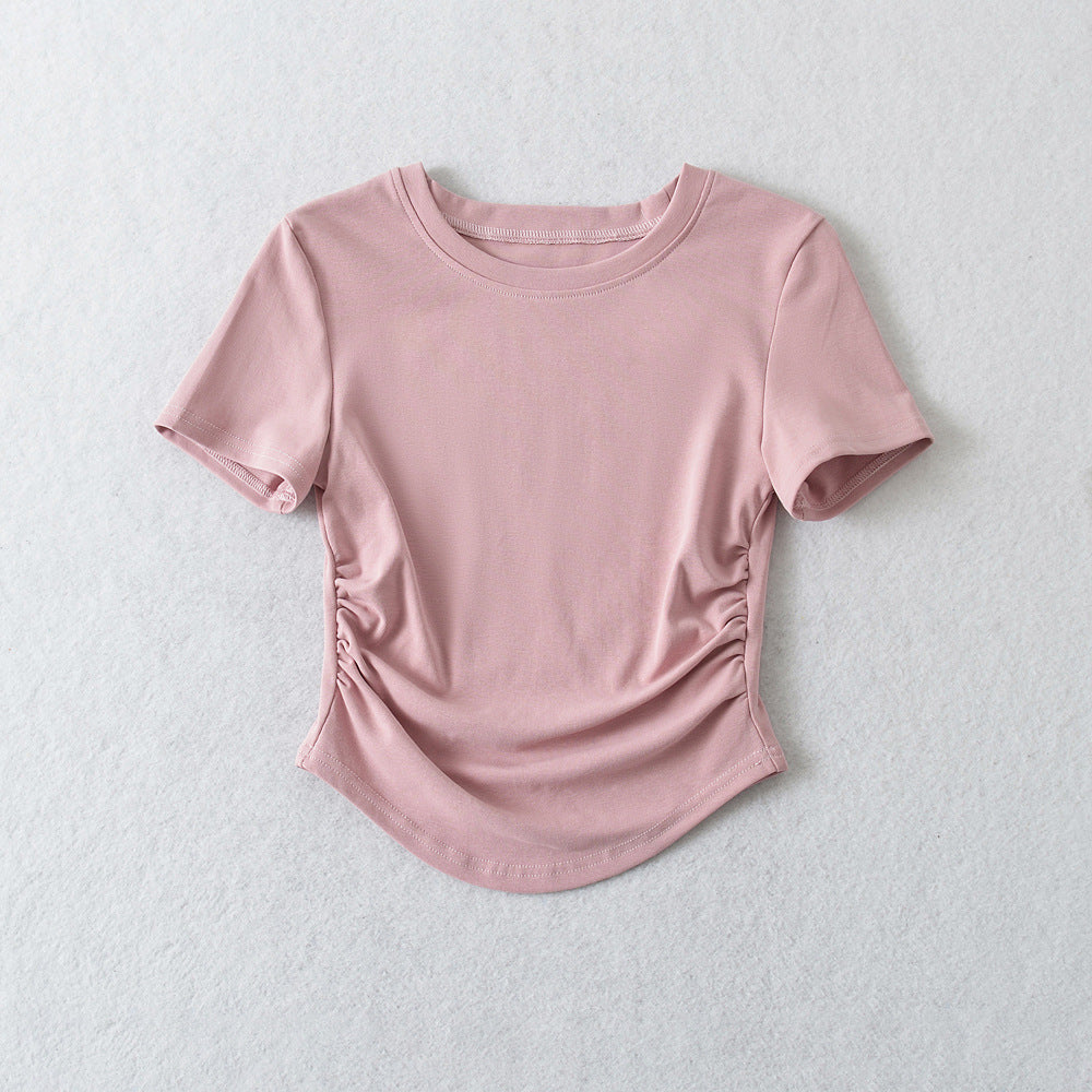 Spring Slim-fitting Top Hot Girl Drawstring Round Neck T-shirt