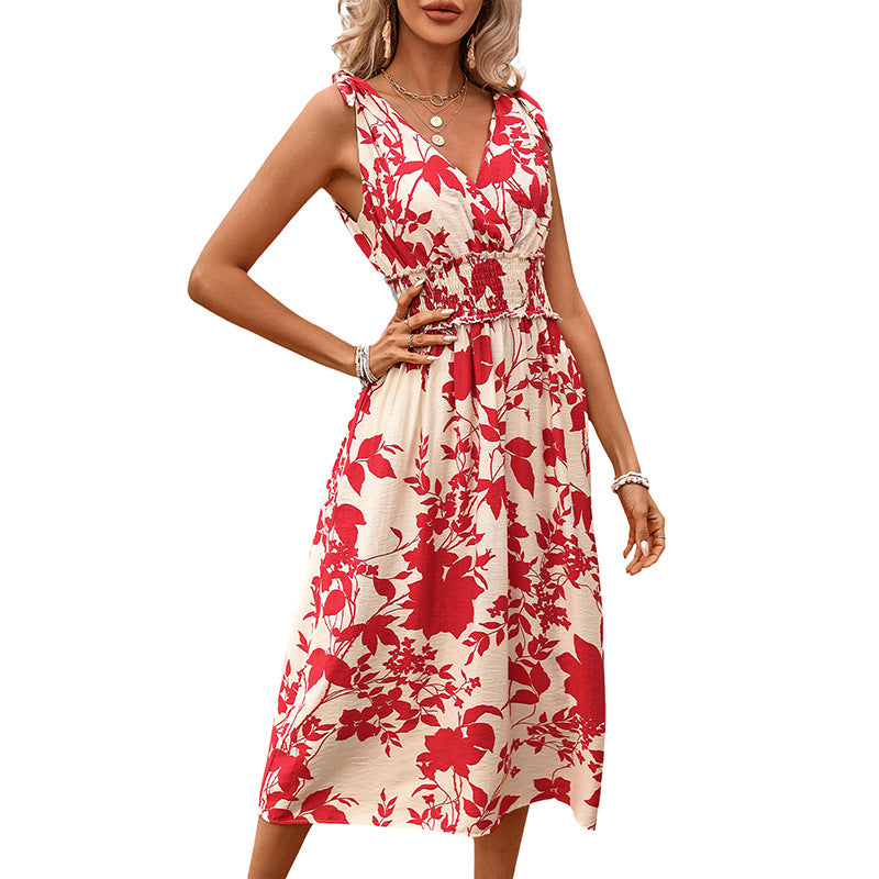 Sleeveless Red Floral-print Dress With A Bow Detail