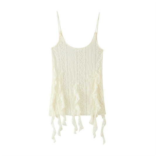 Top And Trousers Two-piece Set With Pointed Lace At Hem