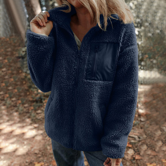 Lambswool Warm Fashion Solid Color Zipper Plush Coat
