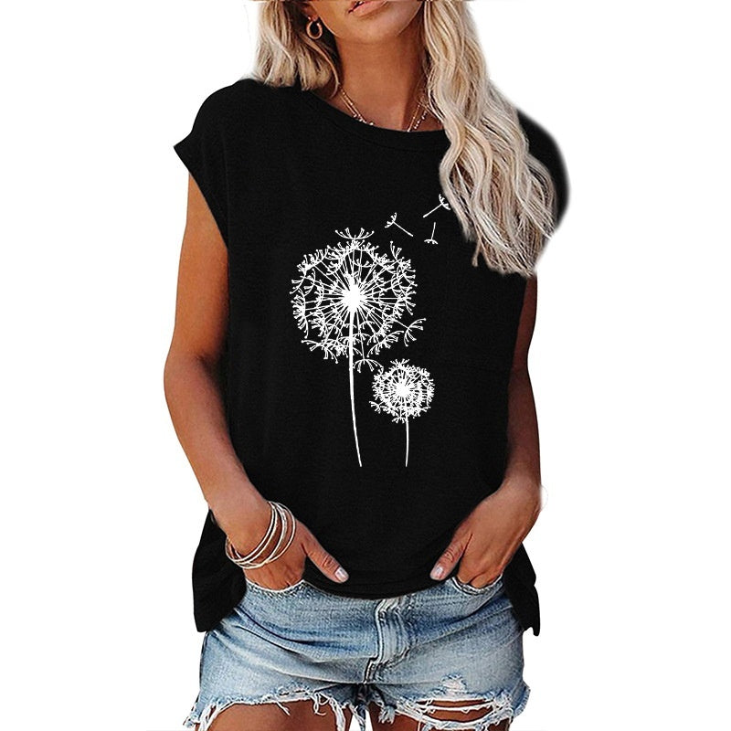 Colored Cotton Round Neck Loose Off-the-shoulder Printed Short Sleeve T-shirt