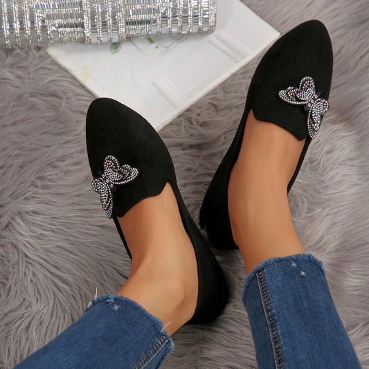 Arrival Black Flat-Heeled Butterfly Shoes Womens Suede Pointed-toe Slip-on Loafers Comfortable Shallow-mouth Pumps