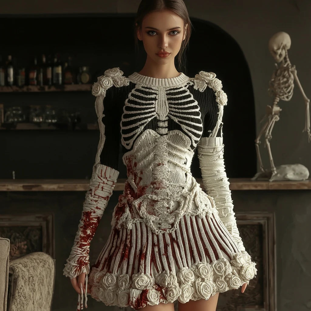 Long-sleeved Floral 3D-printed Dress With A Round Neckline