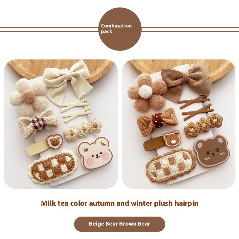 Korean Style All-match Milk Tea Color Autumn And Winter Plush Cute Flowers Barrettes Brown Bow Girl's Heart Hairpin