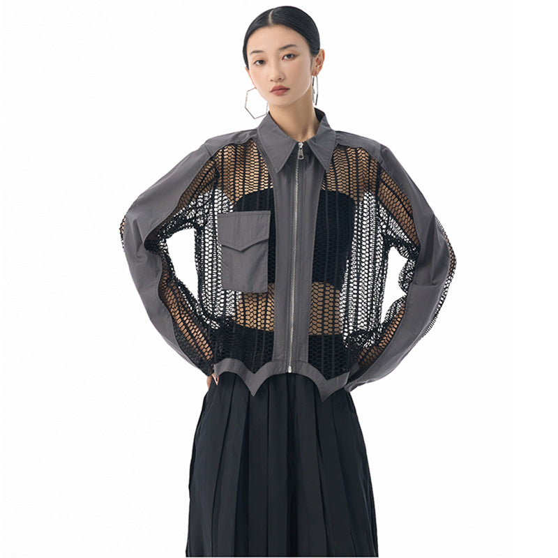 Womens Hollowed-Out Mesh Sheer Statement Top