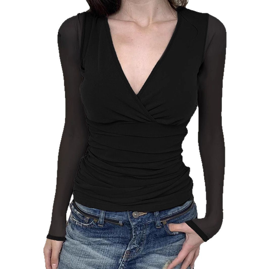 V-neck Solid-Color Mesh-Patchwork Pleated Slim-Fit T-Shirt