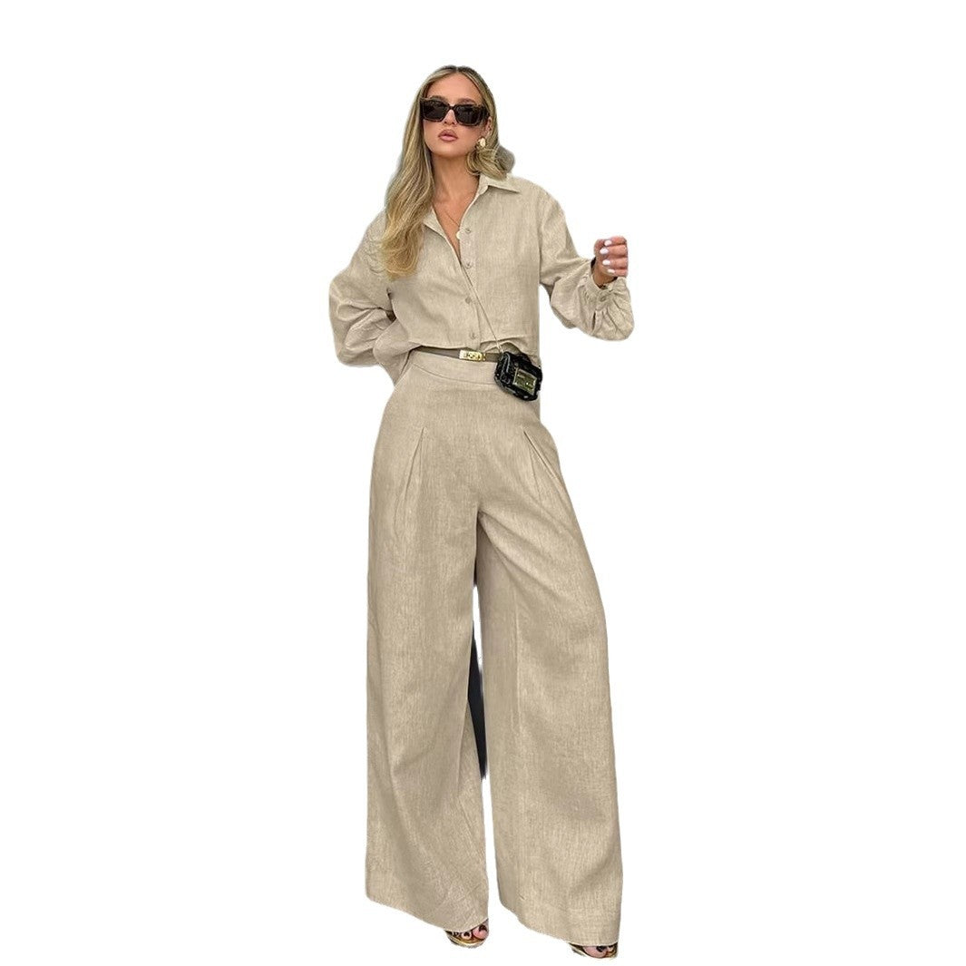Womens Casual Khaki Cotton-Linen Two-Piece Set Loose-Fit Shirt And Wide-Leg Pants