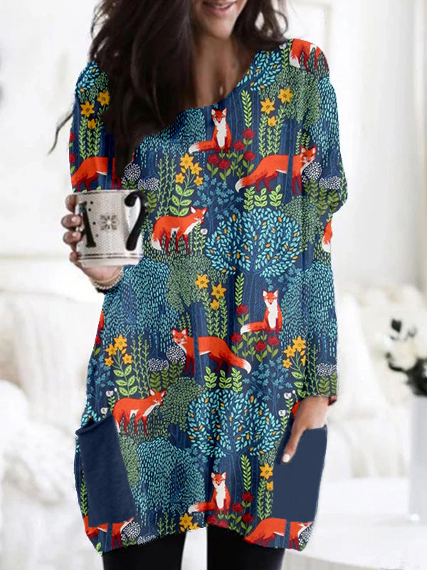 Picasso-style Casual Mid-length Loose-fitting Womens Dress With A Crew Neck
