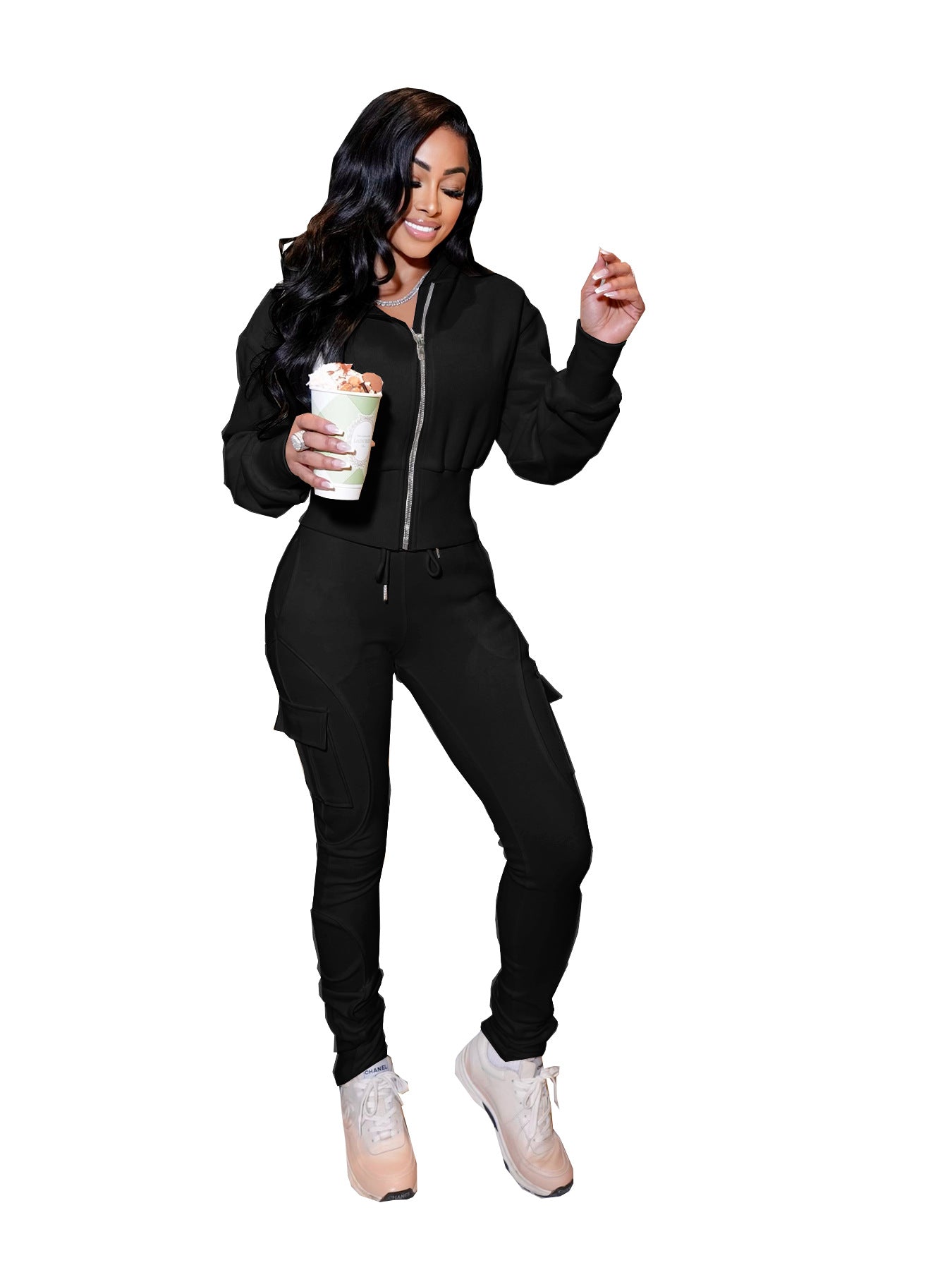 Casual Sporty Multi-pocket Cargo Pants Hooded Zip-up Sweatshirt Set