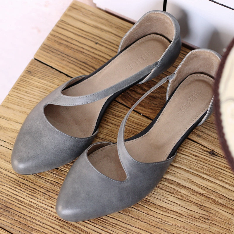 Women's Pointed Toe Slanted Flat Hollow Vintage Leather Sandals