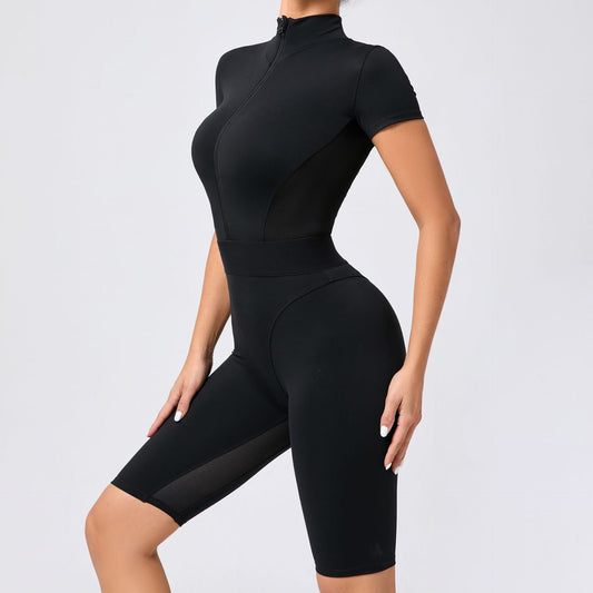 Tight Waist Open Collar Zipper Short Sleeve Yoga Jumpsuit