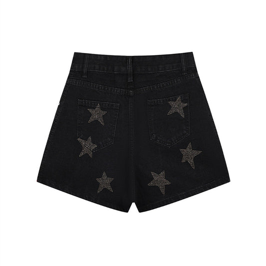 Women's Fashionable High Waist Casual Slim-fit Rhinestone Denim Shorts