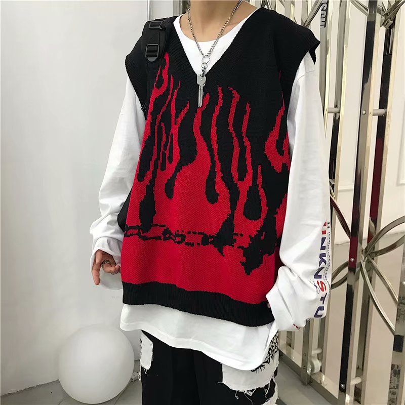 High Street Flame Contrast Color V-neck Sleeveless Top All-match Loose Sweater