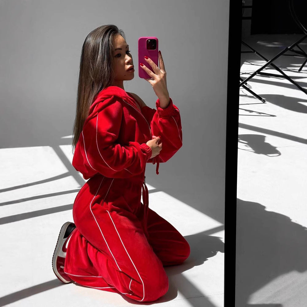 Women's Casual Velvet Hooded Cardigan Coat Wide-leg Pants Sports Suit