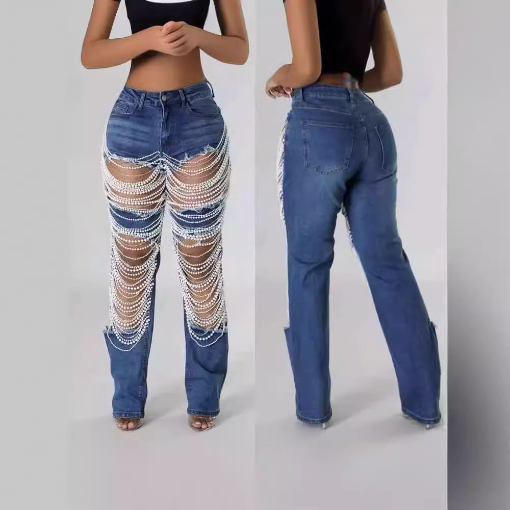 Kvinders kreative afslappede perlekædejeans