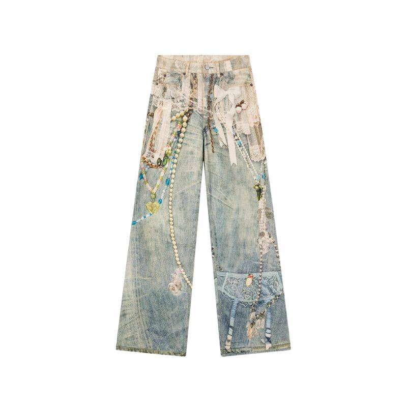 Pearl Lace Jeans Street Straight Loose Casual
