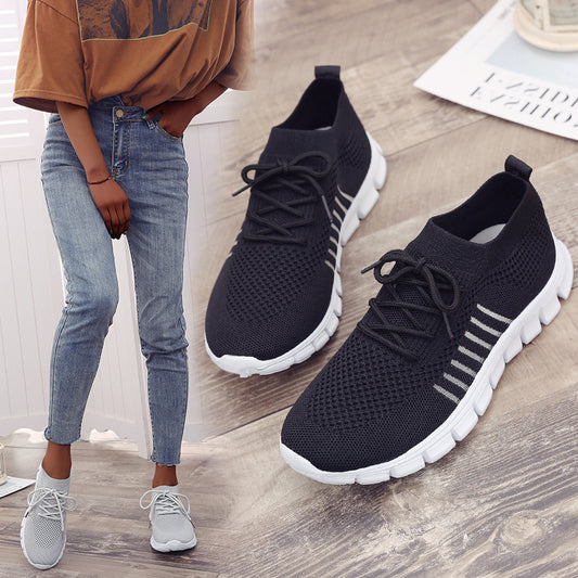 Casual Ladies Shoes Breathable Women Flying Knit Sports Shoes Flat Shoes