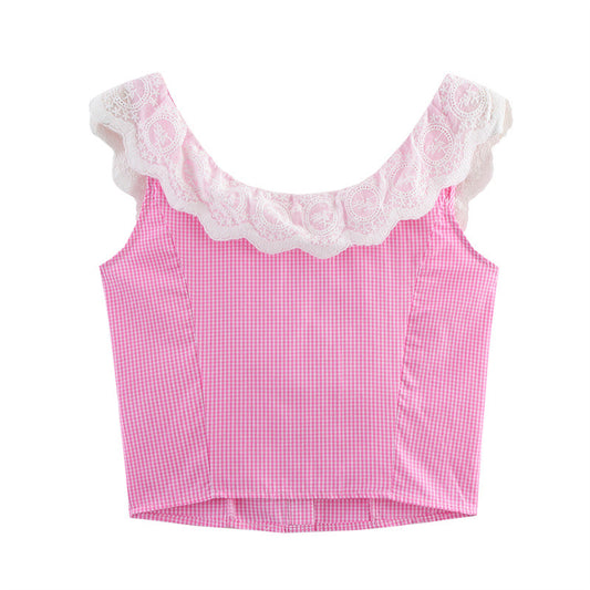 Sweet Style Sleeveless Vest Strap American Style Lace Plaid Strap Top